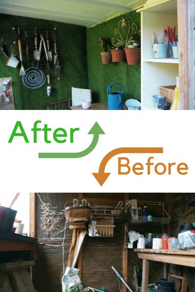 Before and after - interior shed makeover with lots of shed storage ideas