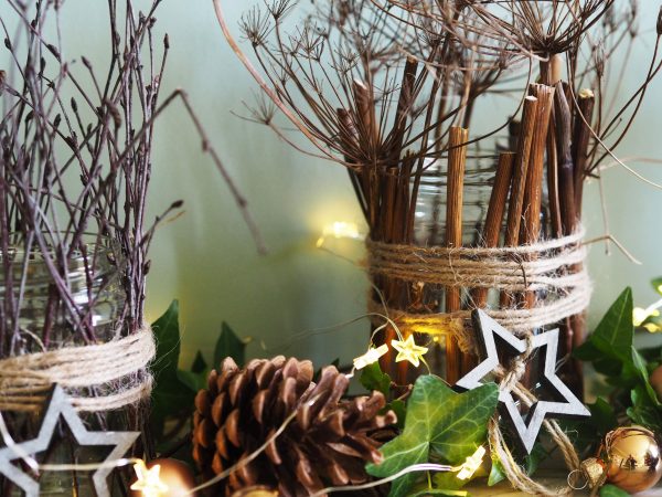 Jam jar Christmas decorations with dried fennel stalks