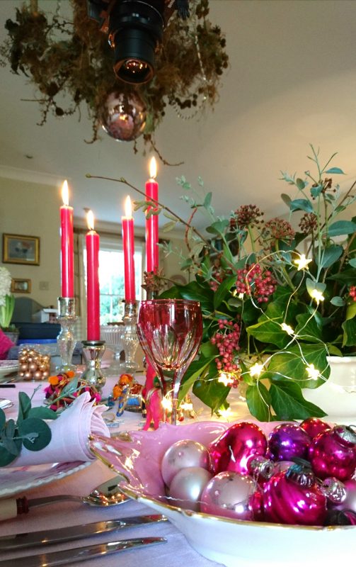 Bright pink Christmas table decorations