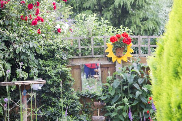 Bird feeders and garden art in a small garden