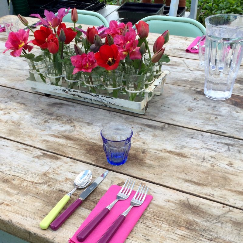 Bright napkins and coloured glass