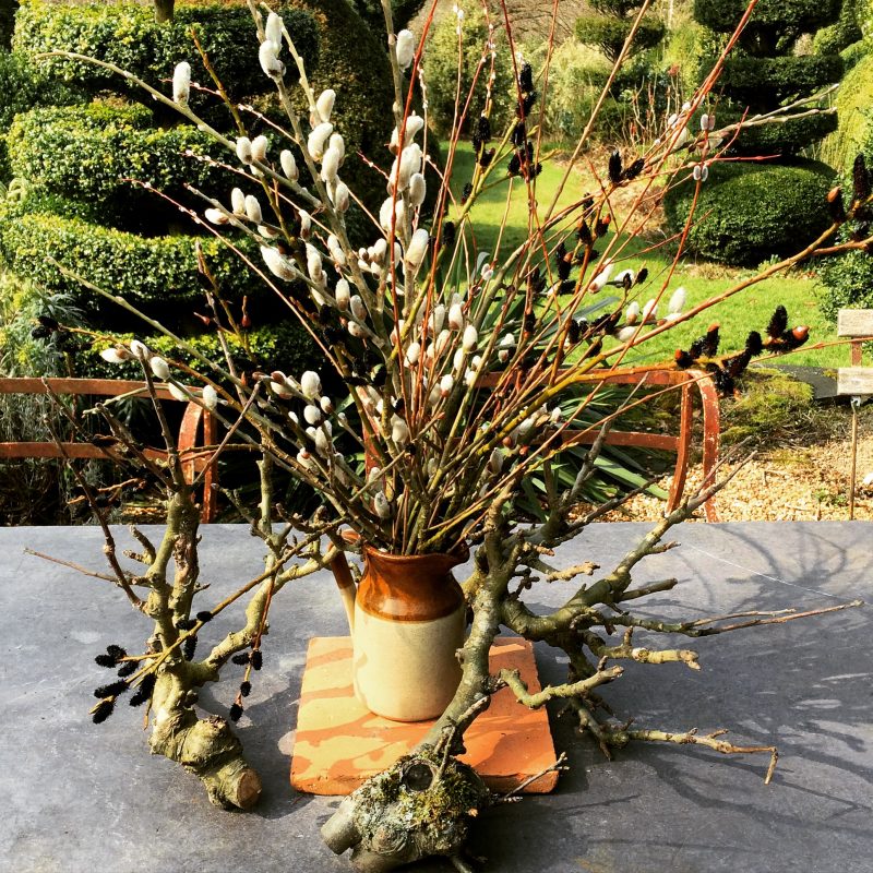 Foraged tree clippings for an outdoor flower arrangement